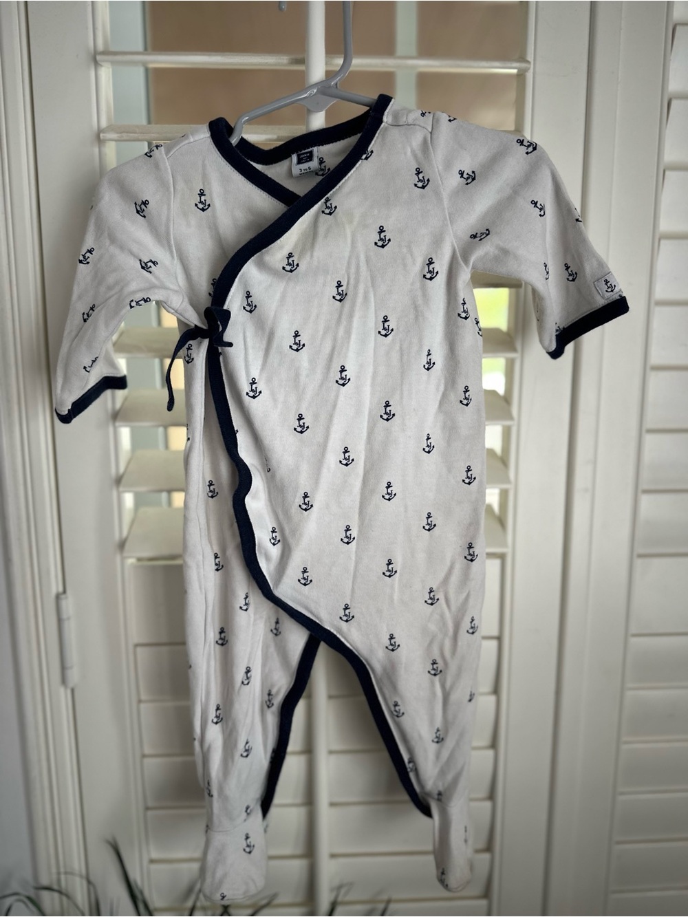 Janie and Jack Navy Trim White Anchor Print One Piece Footsie Baby 3-6 Months